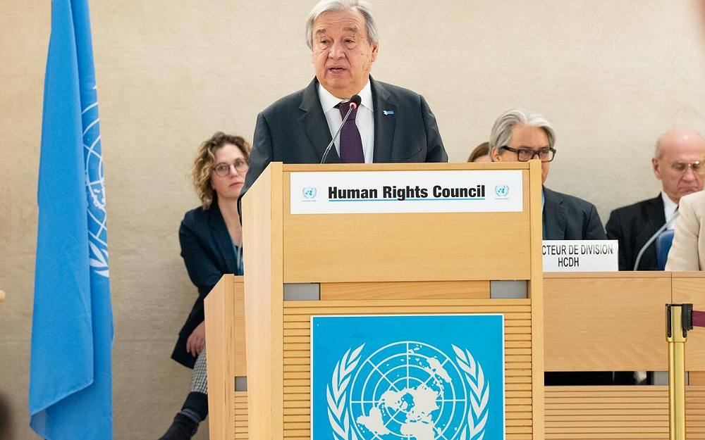 At the 52nd session of the Human Rights Council in Geneva, United Nations Secretary-General António Guterres addresses the High-Level segment.